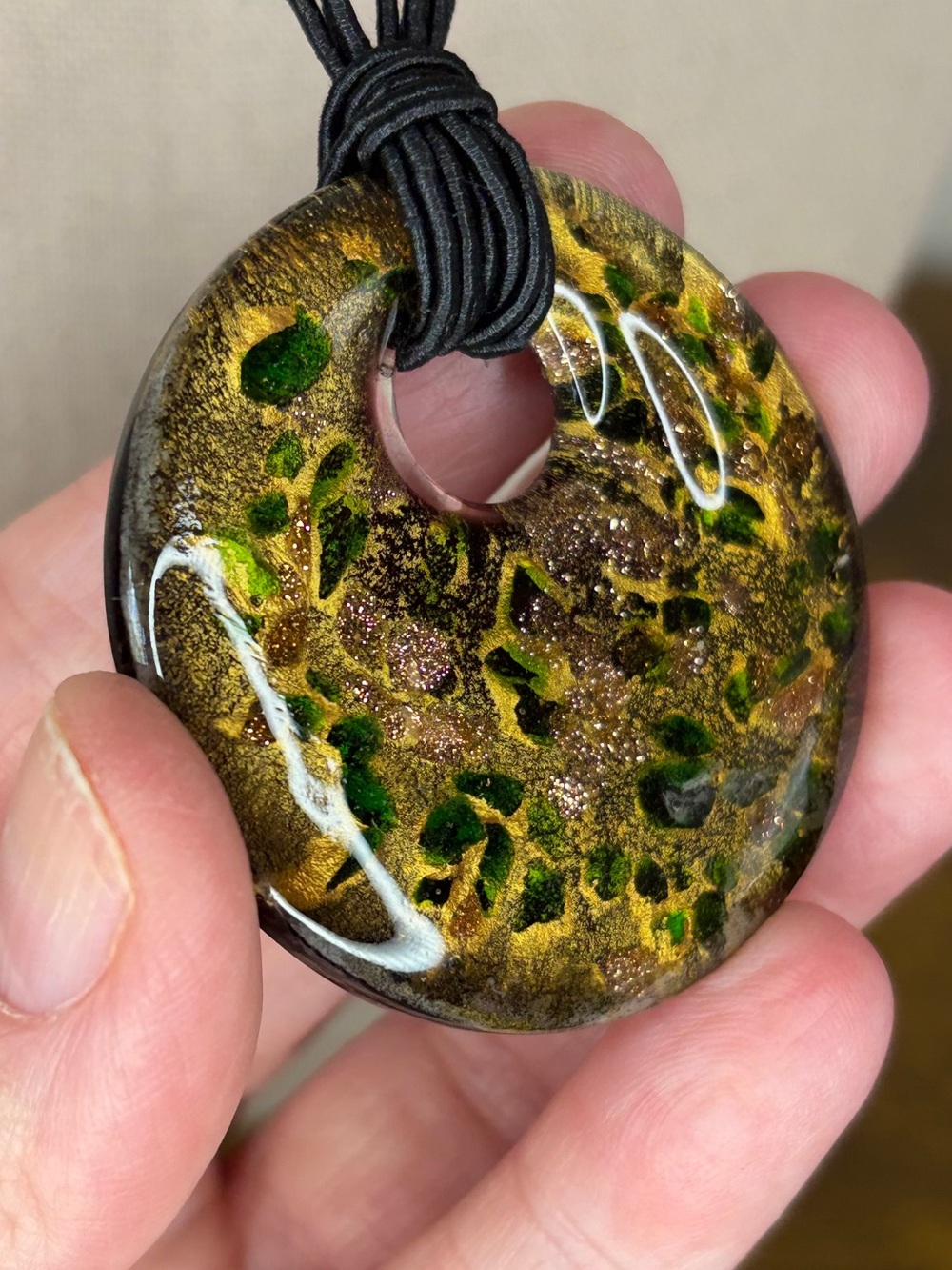 Murano Style Gold Aventurine Art Glass Donut Pendant Necklace